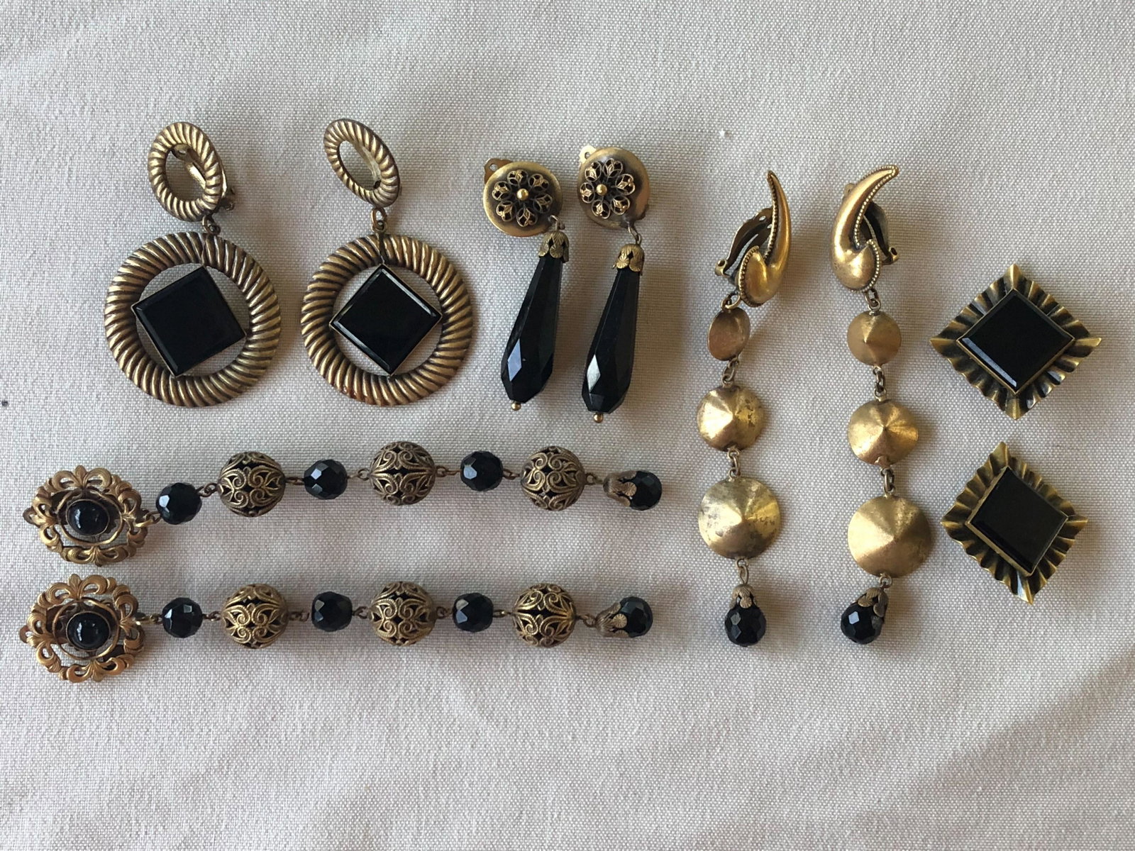 Joseff of Hollywood (5) Pr Earrings: Joseff of Hollywood (5) Pr Earrings, square w/black stone, 1 1/4" sq, black prism drop, 2 1/2", double hoop w/stone, 3", comma w/dots, 4 1/4" h, shoulder duster, 5 1/2" h