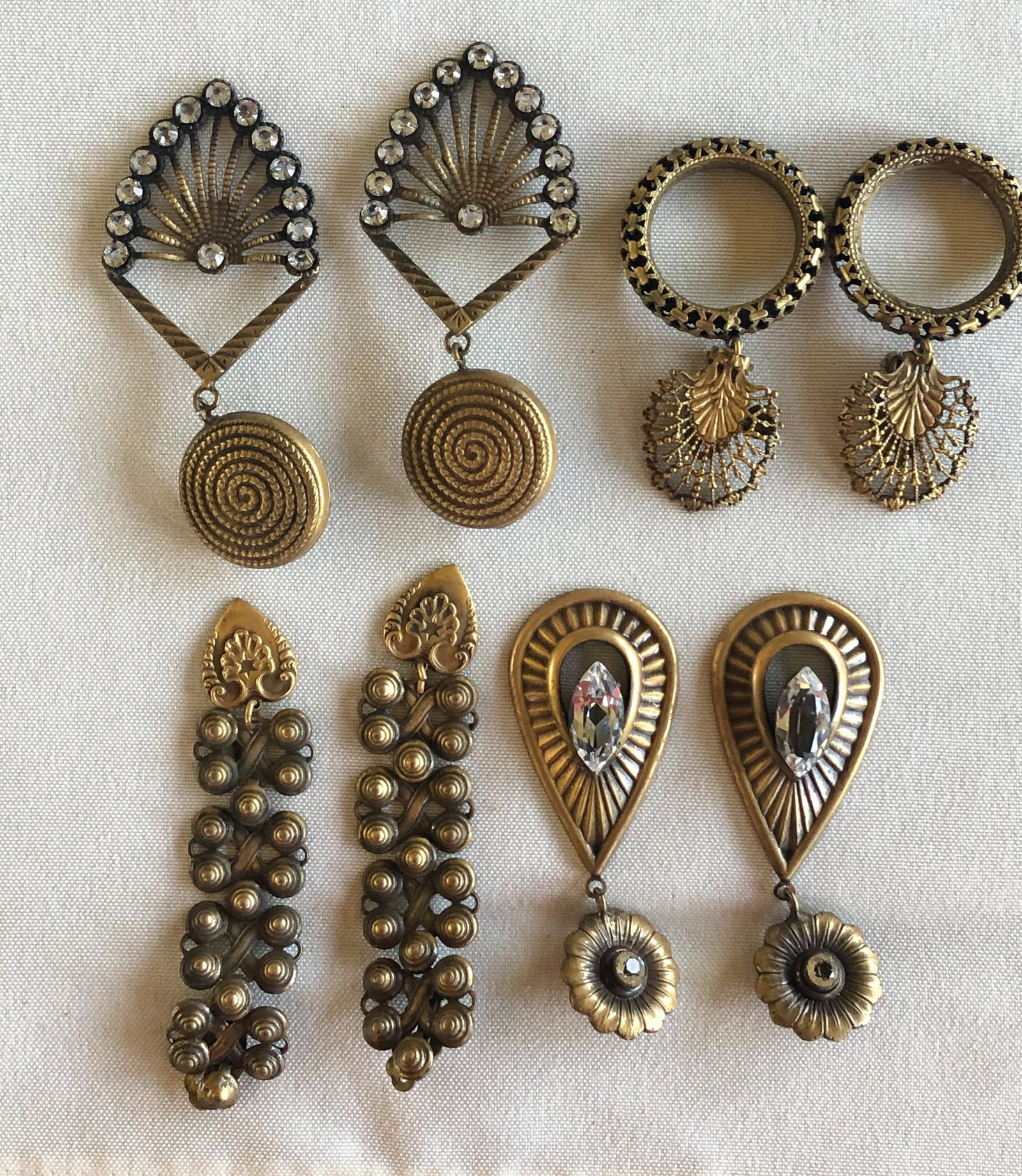 Joseff of Hollywood (4) Pr Earrings, dangles w/he: Joseff of Hollywood (4) Pr Earrings, dangles w/heart, 3 3/4" h, teardrop w/center stone, 3", fan w/clear stones, 3 1/2", hoop, 2 1/2" h