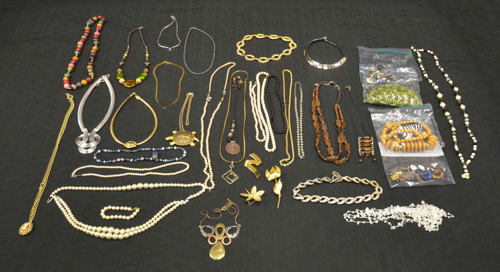 Fashion Beaded Jewelry Lot: Large Lot of Fashion Jewelry, mostly beaded, some pieces signed Trifari.
