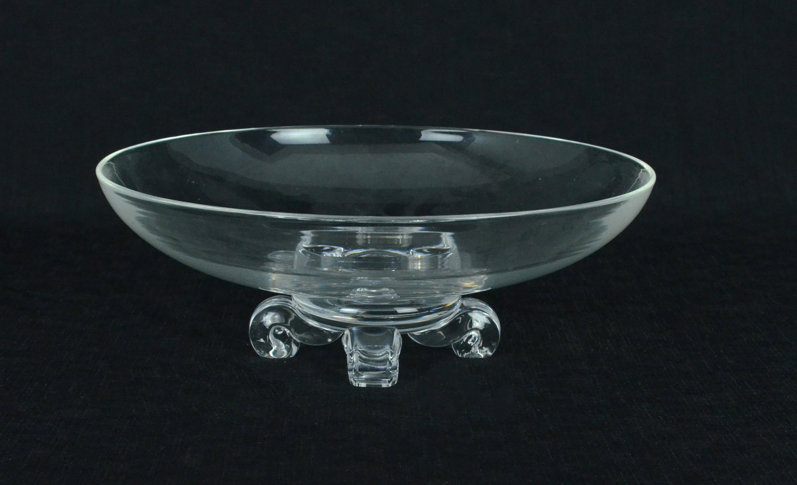 Large Steuben Pedestal Center Bowl: Large Steuben pedestal center bowl, by John Dreves, 1942, scroll foot raised base, 4"hx11"diam, signed at underside center.