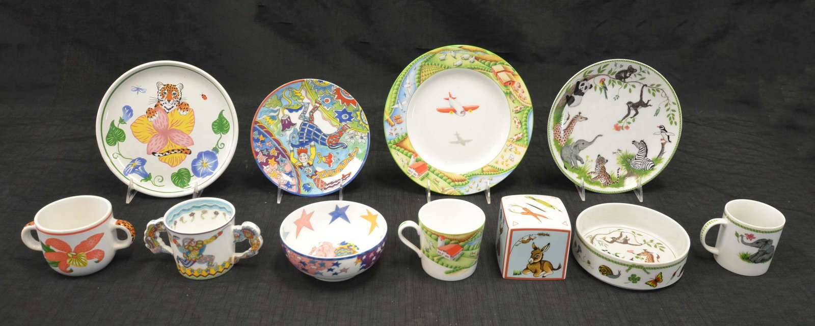 (11) Pcs Animal Decorated Designer Porcelain: (11) Pcs animal decorated designer porcelain to include Gene Moore for Tiffany and Co. double handled mug, bowl and plate, TIffany Farm Tiffany and Co. plate and mug, similarly designed unmarked chang