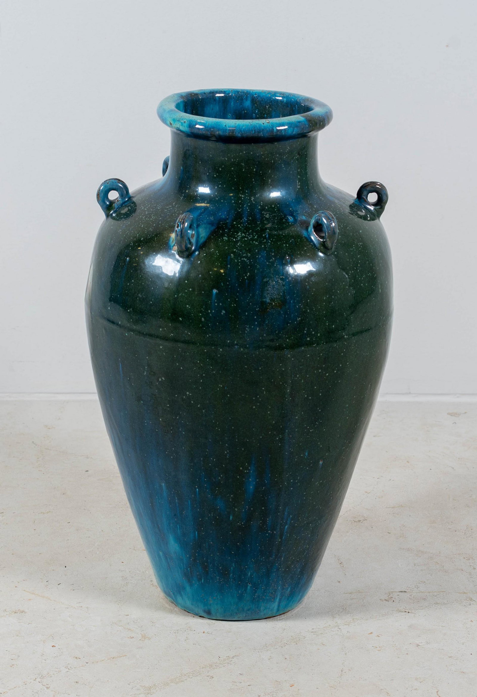 Turquoise and Green Glazed Pottery Amphora: Turquoise and green glazed pottery amphora, 24" h