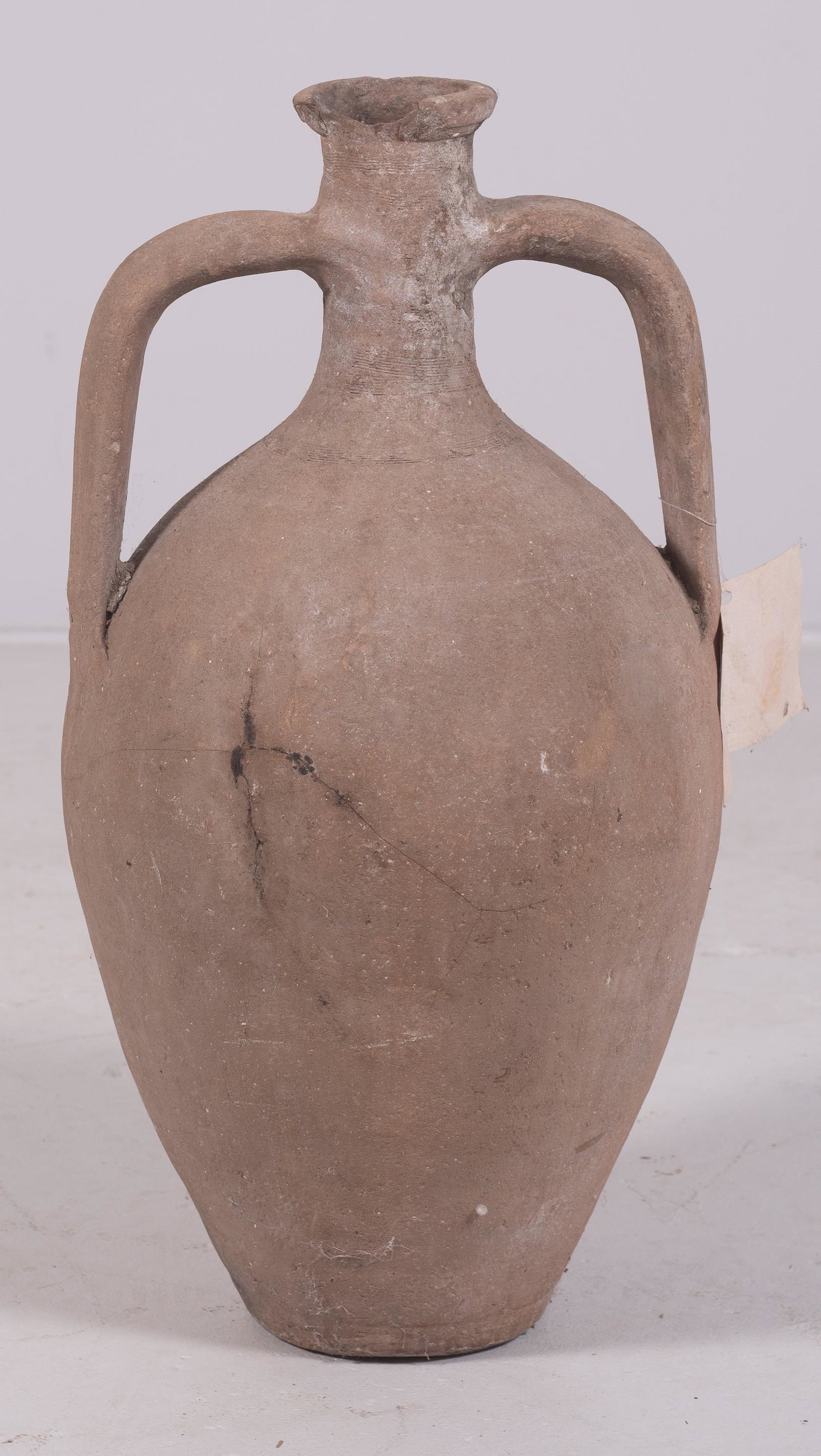 Turkish Earthenware Amphora: Turkish earthenware amphora, cracks at side, chip at mouth, 11" h