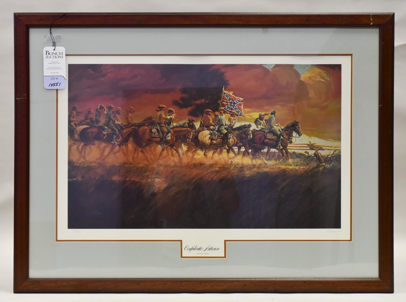 Dale Gallon Civil War Print: Dale Gallon limited edition Civil War print, Confederate Autumn , pencil signed & numbered.597/950, 27-1/2" x 37-1/4" overall