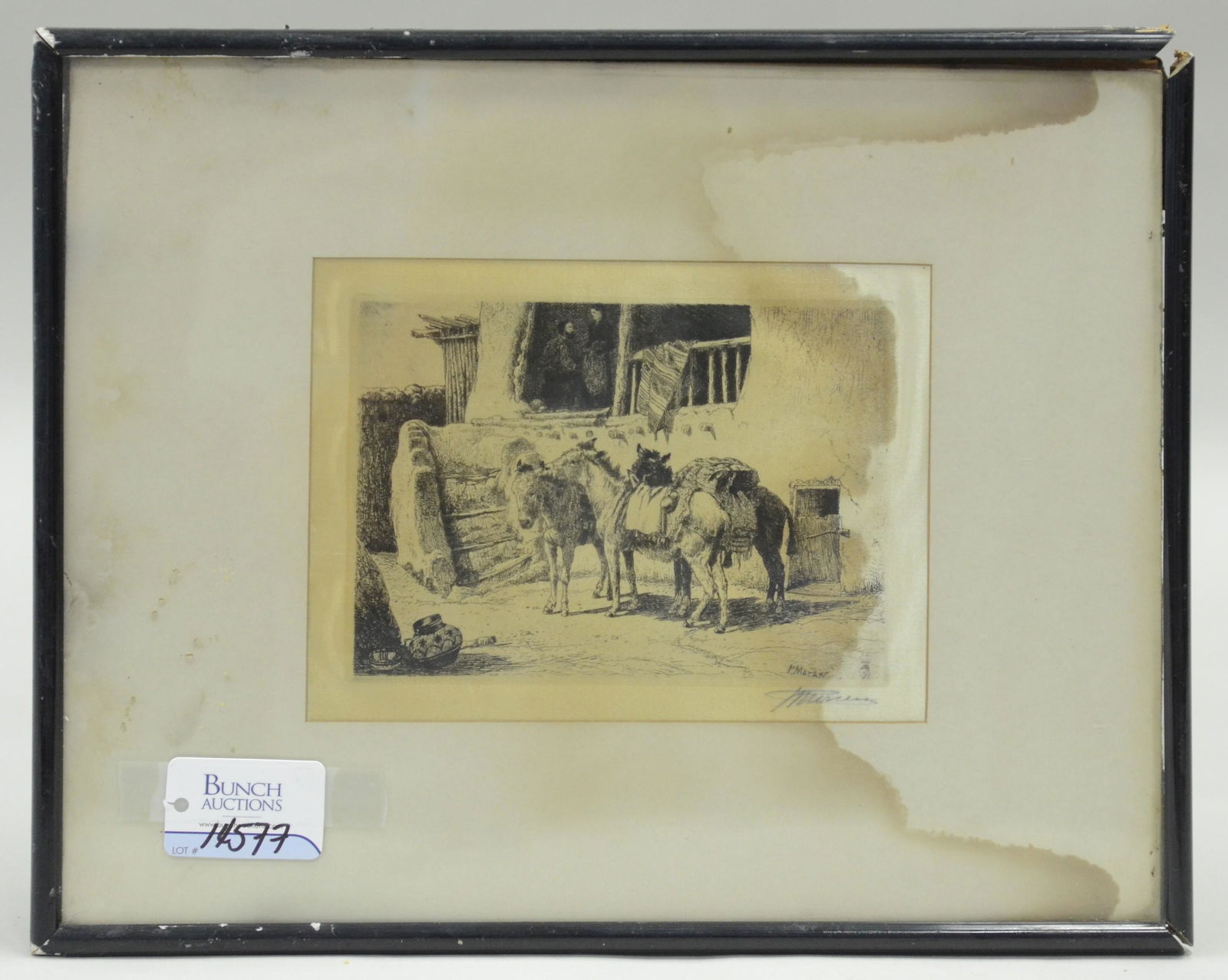 Peter Moran Etching "The Waiting Donkeys": Peter Moran (American, 1841-1914) etching "The Waiting Donkeys", etching on silk, rare image, pencil signed "P Moran", 5" x 6-7/8" platae, framed 11-3/4" x 14-3/4", fair condition with water staining,