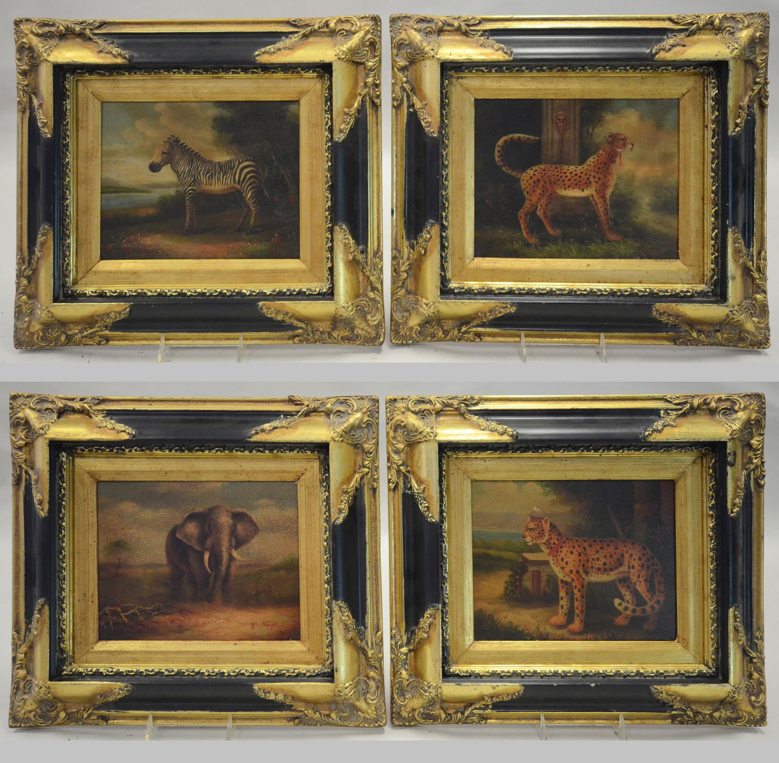 (4) Reproduction Paintings African Wildlife: (4) Reproduction paintings of African wildlife, oil on canvas, 8" x 10", framed 15-1/2" x 17-1/2", good condition