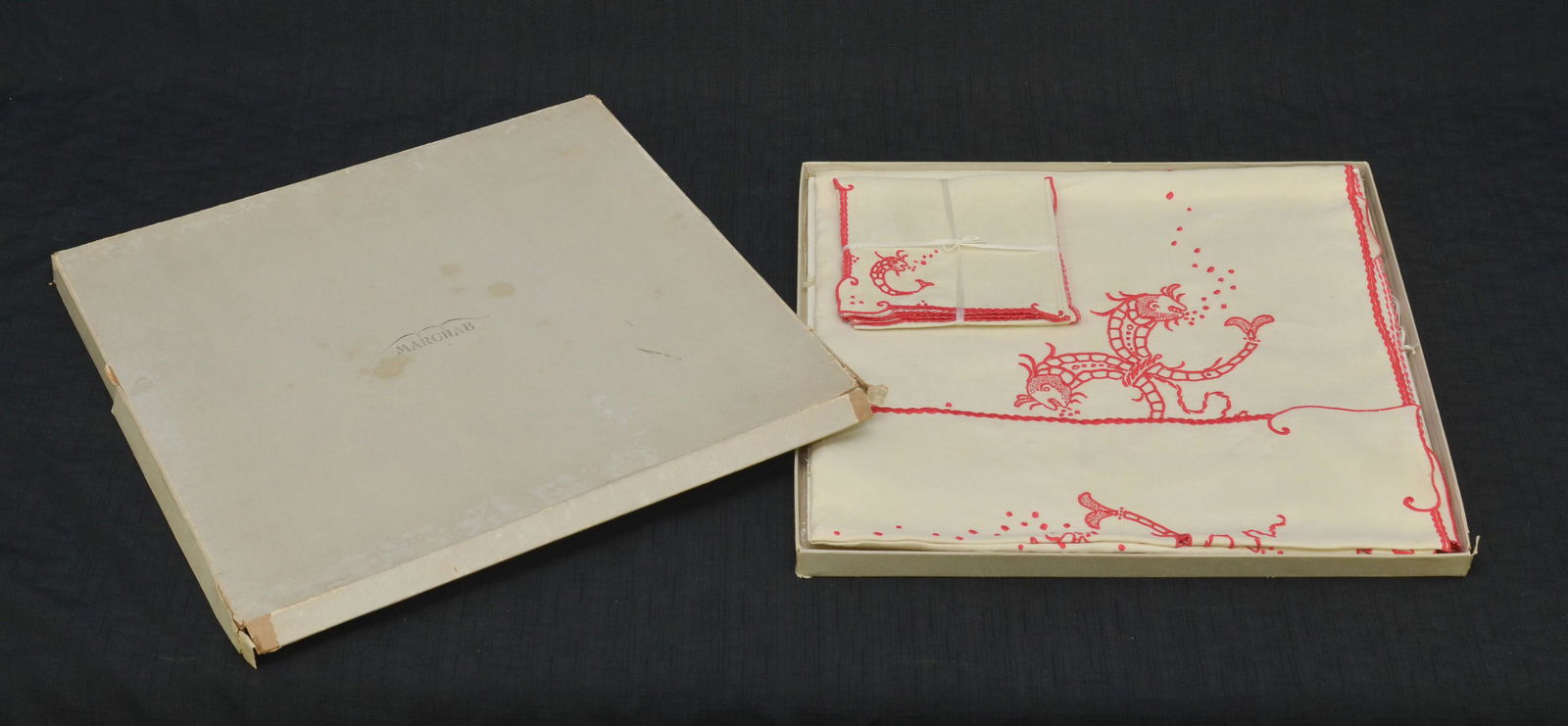 Marghab Fish Tea Table Set: Marghab Fish tea table set, deadstock, retailed by Georg Jensen Fifth Avenue, (4) napkins and tablecloth, excellent condition.