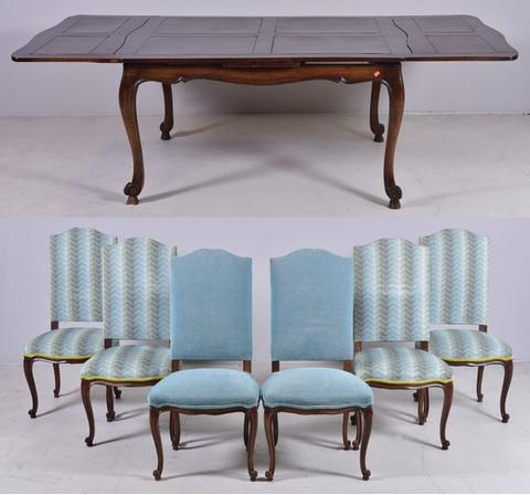 (7) pc French style oak DRS: (7) pc French style oak DRS, c/o 6 upholstered side chairs, dining room table with 30-1/2" h x 56-1/2" w, two pull out 20-1/2" w leaves, wear to finish on table