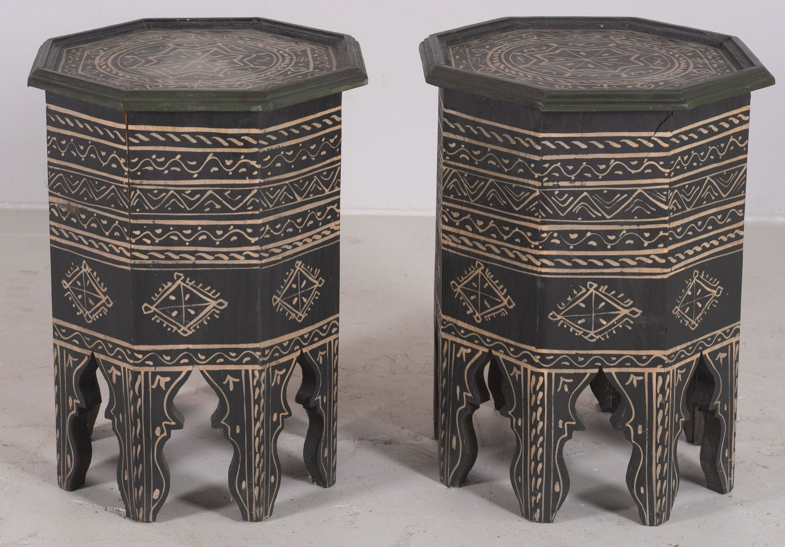 Pair Asian style paint decorated carved side tables: Pair Asian style paint decorated carved side tables, 20" h x 15-1/2" diameter