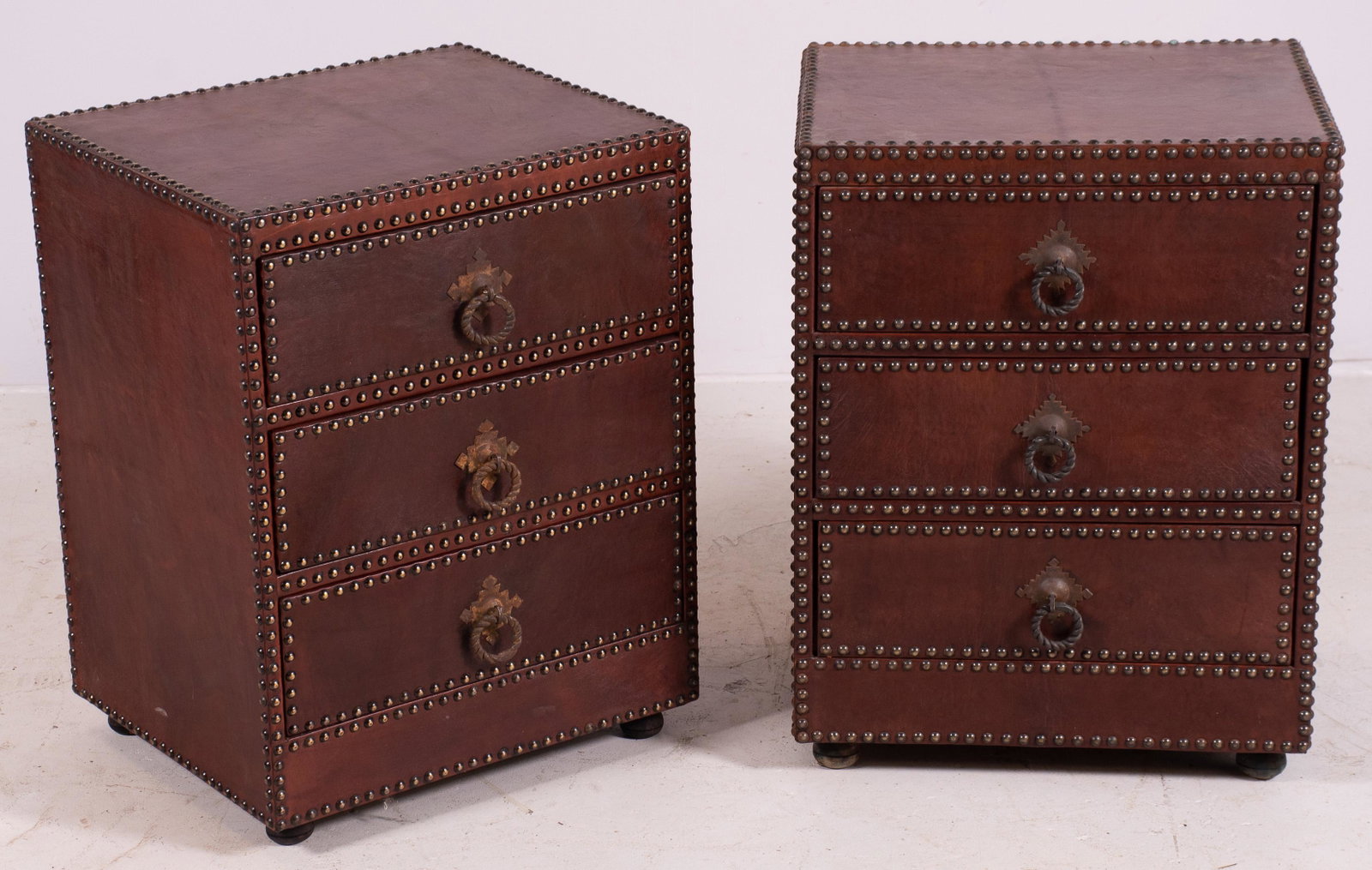 Pair leather 3 drawer nightstands: Pair leather 3 drawer nightstands, 26" h x 20" w, light wear