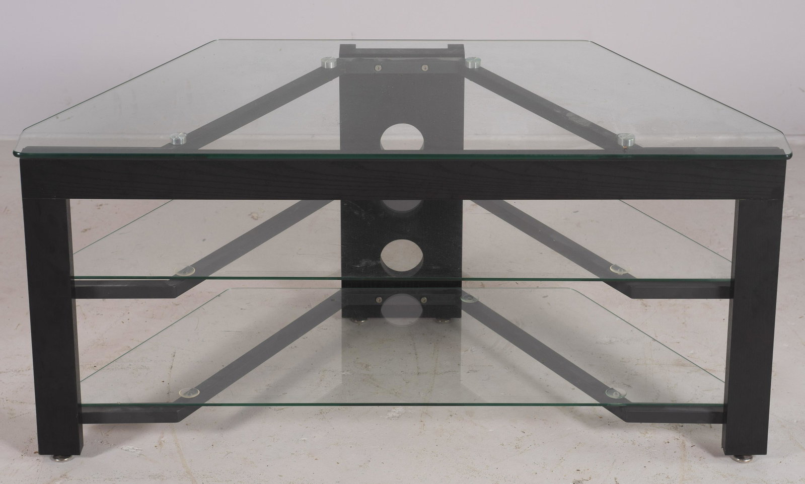 Modern Design ebonized and glass entertainment stand: Modern Design ebonized and glass entertainment stand, three glass shelves, 22" h x 42" w