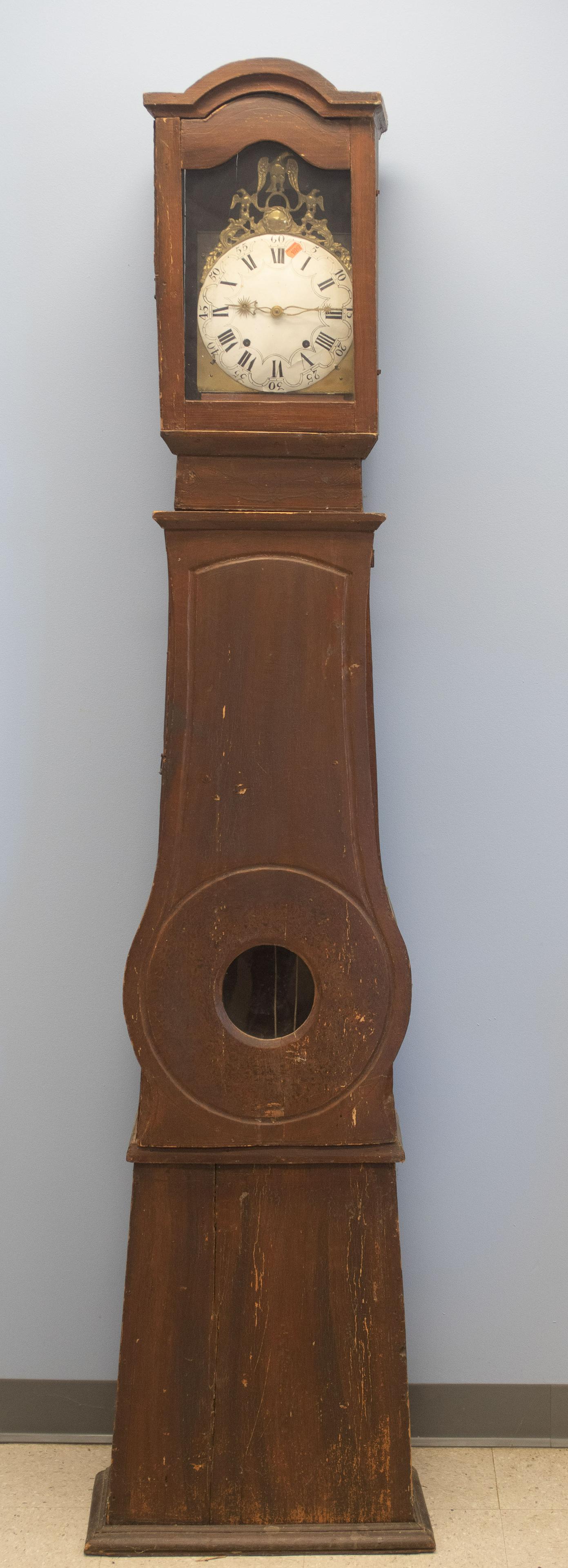 French Provincial Morbier Tall Clock: French Provincial Morbier Tall Clock, unsigned white painted dial with cast eagle crest, 89" f, 19th c