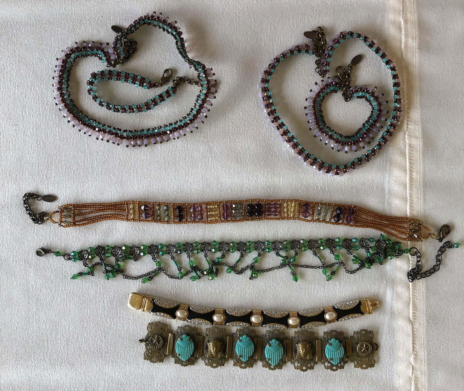 (2) French Crystal Chokers w/Bracelets, 2 other chok: (2) French Crystal Chokers w/Bracelets, 2 other chokers, 2 bracelets, longest choker 14"