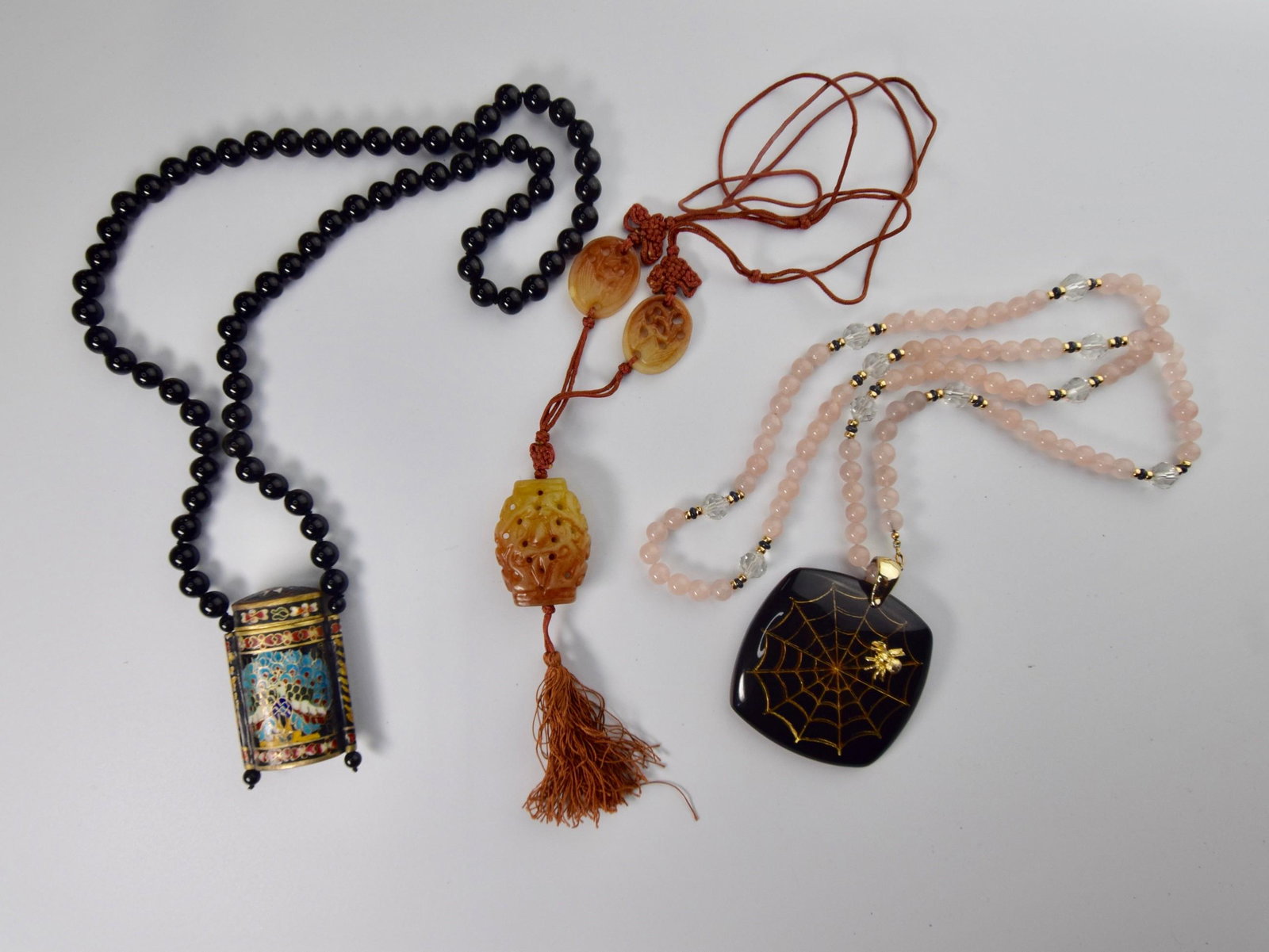 (3) Necklaces, cloisonne & black bead, rose quart: (3) Necklaces, cloisonne & black bead, rose quartz w/spider web pendant, carved jadeite necklace,