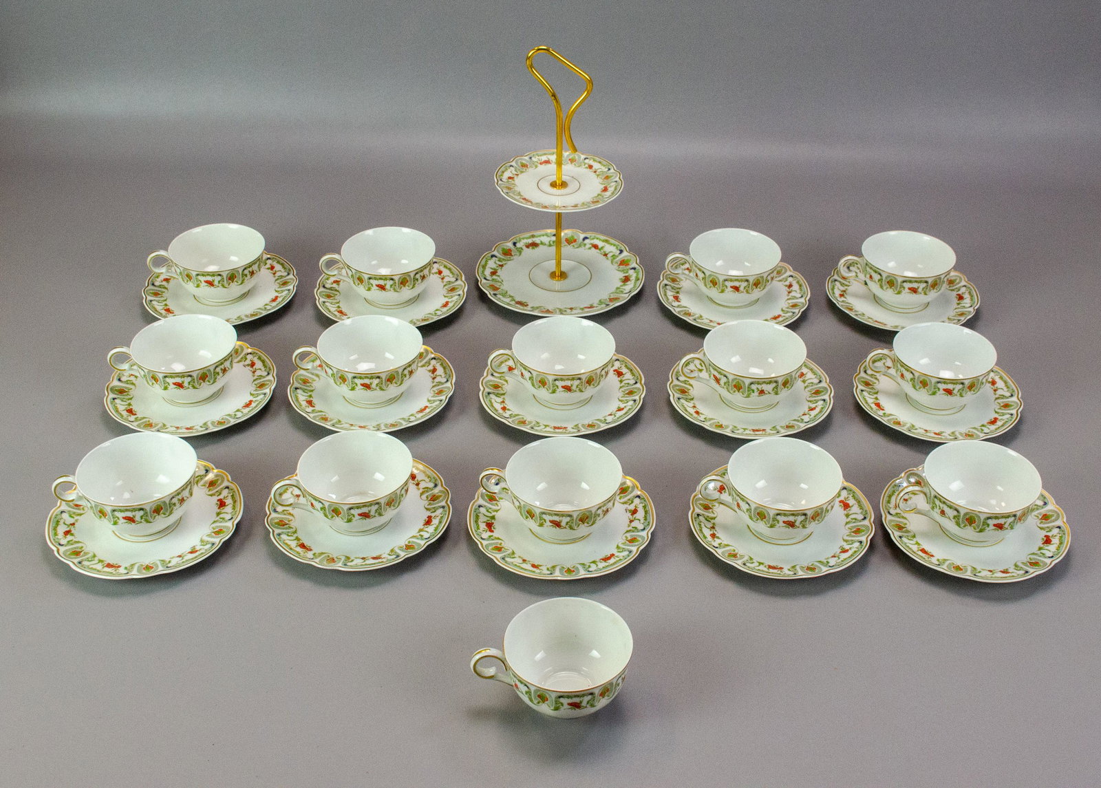 (30) Pcs Limoges Mozart Dinnerware: (30) Ps Limoges porcelain dinnerware, Mozart Chantoung pattern, c/o (15) teacups, (14) saucers, 2-tier tidbit