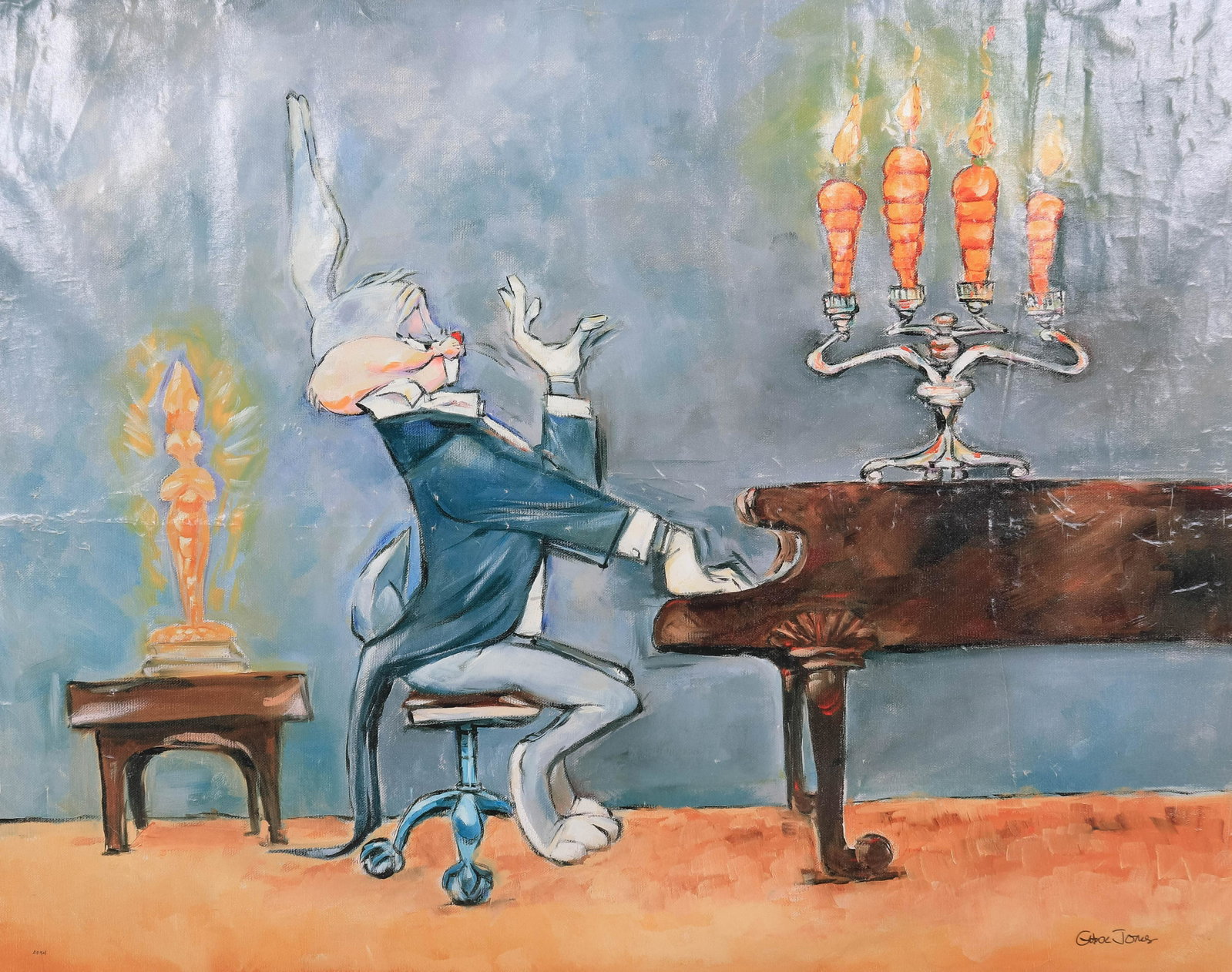 Chuck Jones Giclee "Bugs at Piano": Chuck Jones giclee "Bugs at Piano", giclee on canvas, signed "Chuck Jones", edition AP 54, 48" x 60", fair condition with creases, surface cracks and small losses