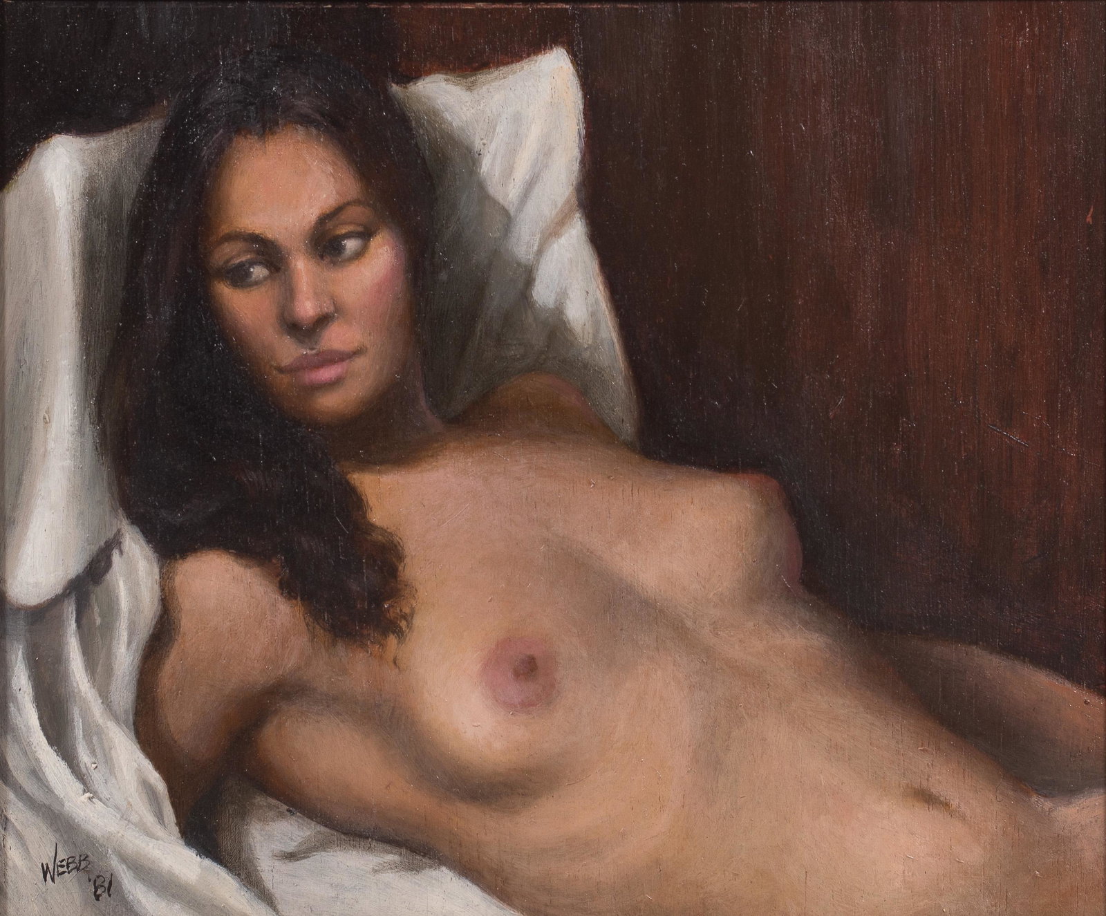 Jeffrey Webb Painting "Study fo a Venus": Jeffrey Webb (American, b 1952) painting "Study for a Venus", depicting a female nude, oil on panel, signed " webb '81", 8-1/4" x 10", framed 10-1/4" x 12", very good condition