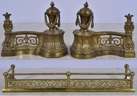 Brass Fire Guard and Fire Irons: Brass fire guard and fire irons to include shell and berry decorated pierced brass fire guard and urn and wreath decorated fire irons.