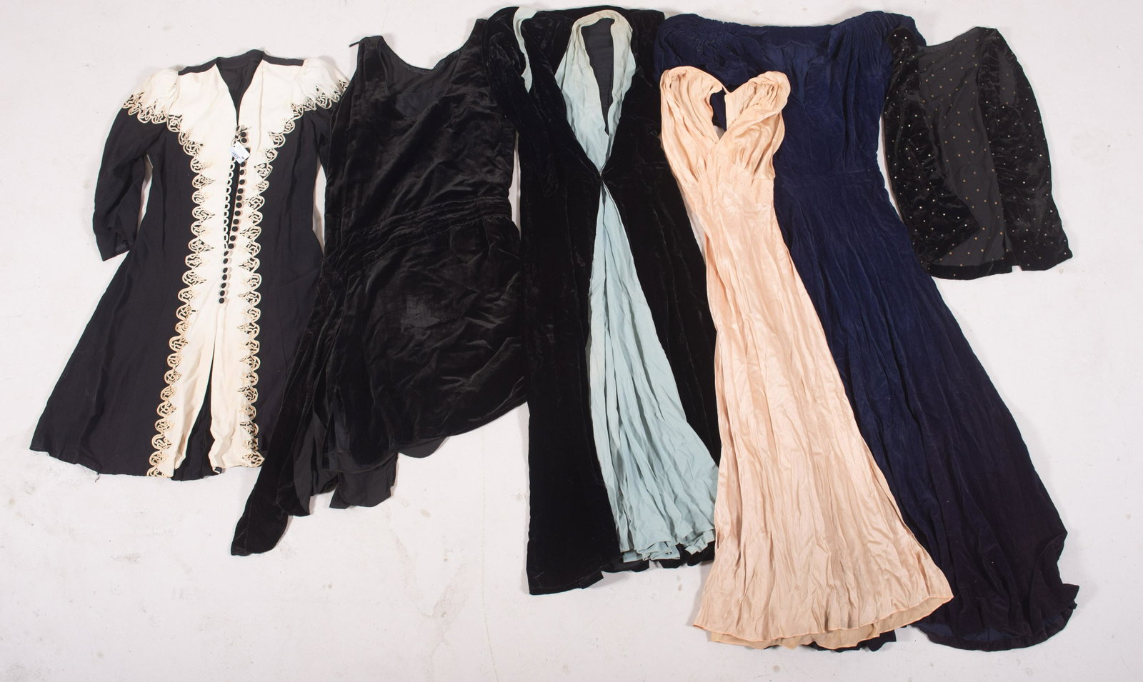 (6) Pc 40's Garment Salvage Grouping: (6) Pc 40's garment salvage grouping to include velvet silk rhinestone studded vest, rayon and velvet zip front dress, zipper needs repaired, 40's button front soutache mini-dress, earlier 20's/30's b