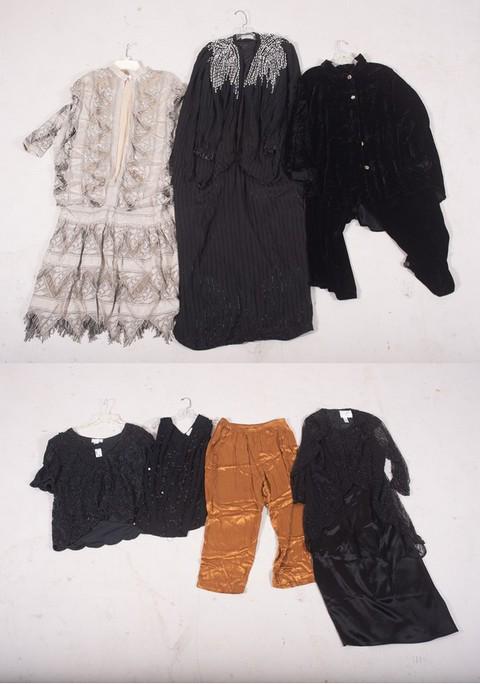 Beaded and Velvet Garment Grouping: Beaded and velvet garment grouping to include draped silk and allover beaded Judith Ann drop neck dress, Damianou 80's does 20's metallic threaded openwork high neck dress with batwing sleeve, silk ve