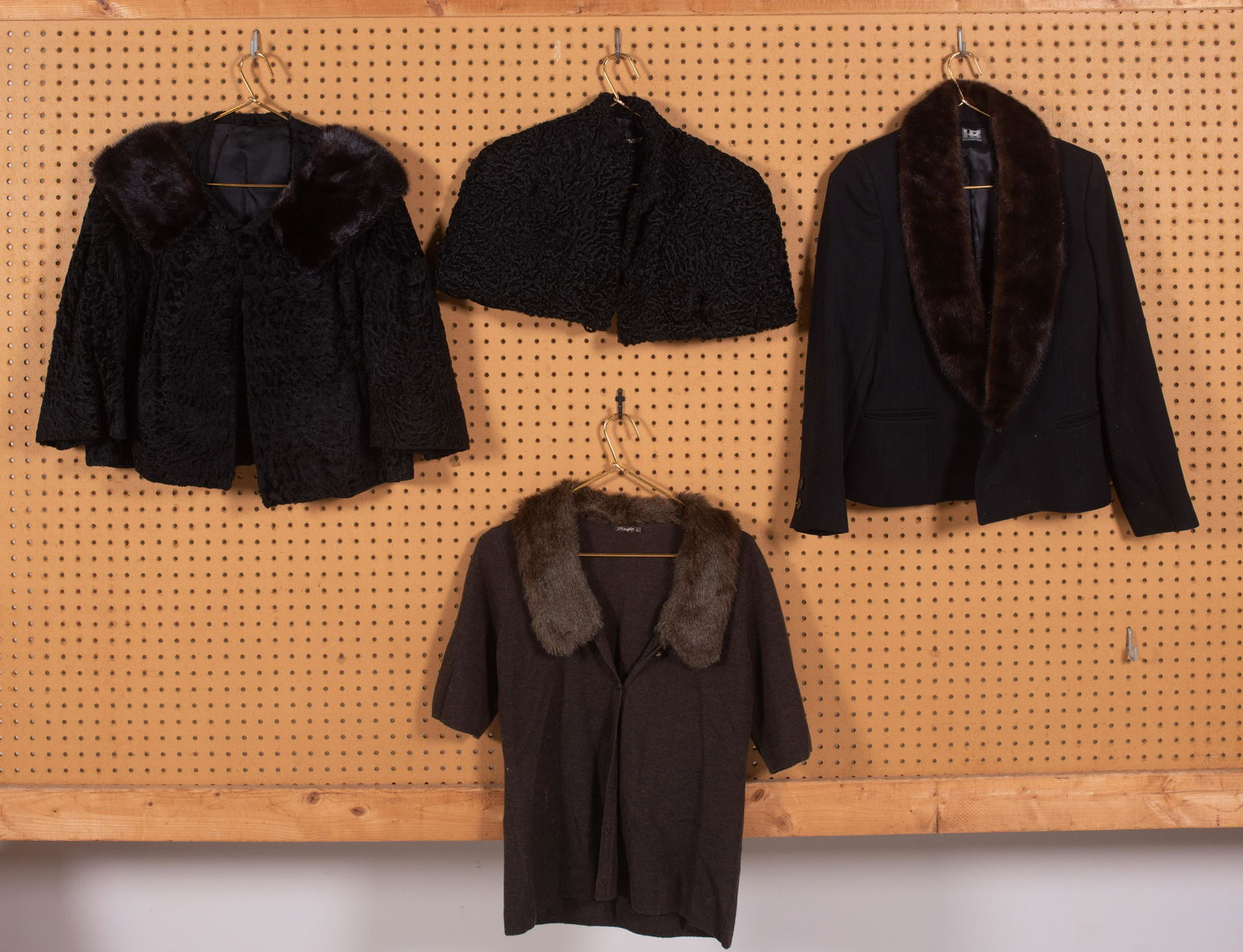 (4) Mink, Lamb and Faux Grouping: (4) Mink, Lam and faux grouping to include J. McLaughlin merino wool cardigan with faux fur collar, L, cropped curly lamb swing coat with mink collar, S, curly lamb bolero, L. Hultzman Furs Phila, S,