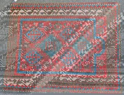 14: 3.0 x 3.6 Turkish prayer rug: 3.0 x 3.6 Turkish prayer rug, wear, border missing on one end