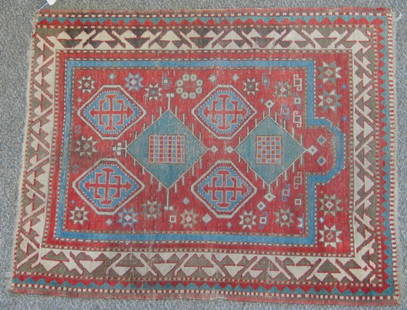 14: 3.0 x 3.6 Turkish prayer rug: 3.0 x 3.6 Turkish prayer rug, wear, border missing on one end