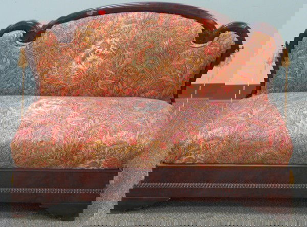 170: Pair of late Federal mahogany window bench settees: Pair of late Federal mahogany window bench settees with Tropical Bird of Paradise upholstery, 44" long, 30" high