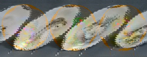 214: Set of 12 hand painted bird decorated porcelain pl: Set of 12 hand painted bird decorated porcelain plates, JP / Limoges / France, artist signed "FM Kohler", 7 1/2" diameter