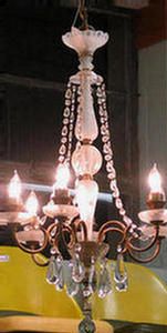 6 arm crystal chandelier: 6 arm crystal chandelier with glass beading, brass arms, frosted 4 part etched center, 10 crystal tear drops, crystal faceted ball at bottom, 36"