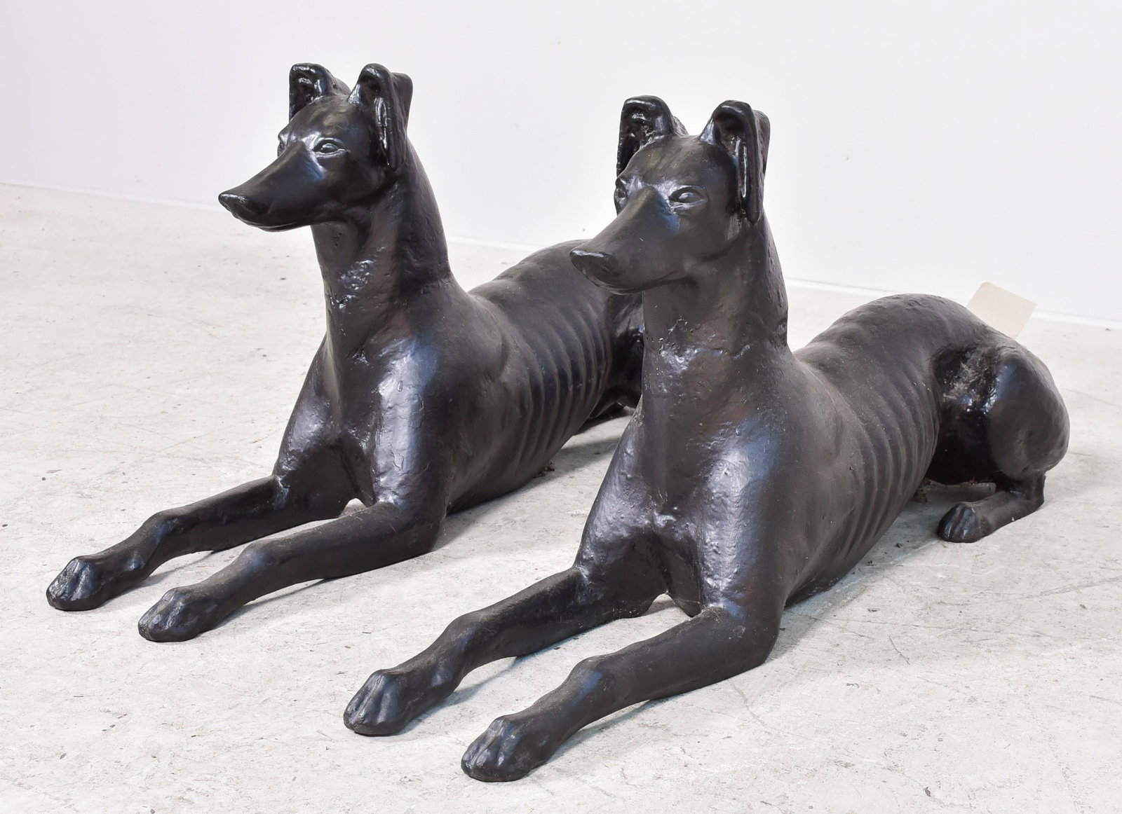 Pair Cast Iron Reclining Whippets: Pair cast iron reclining whippets, 36" L 17-1/2" h