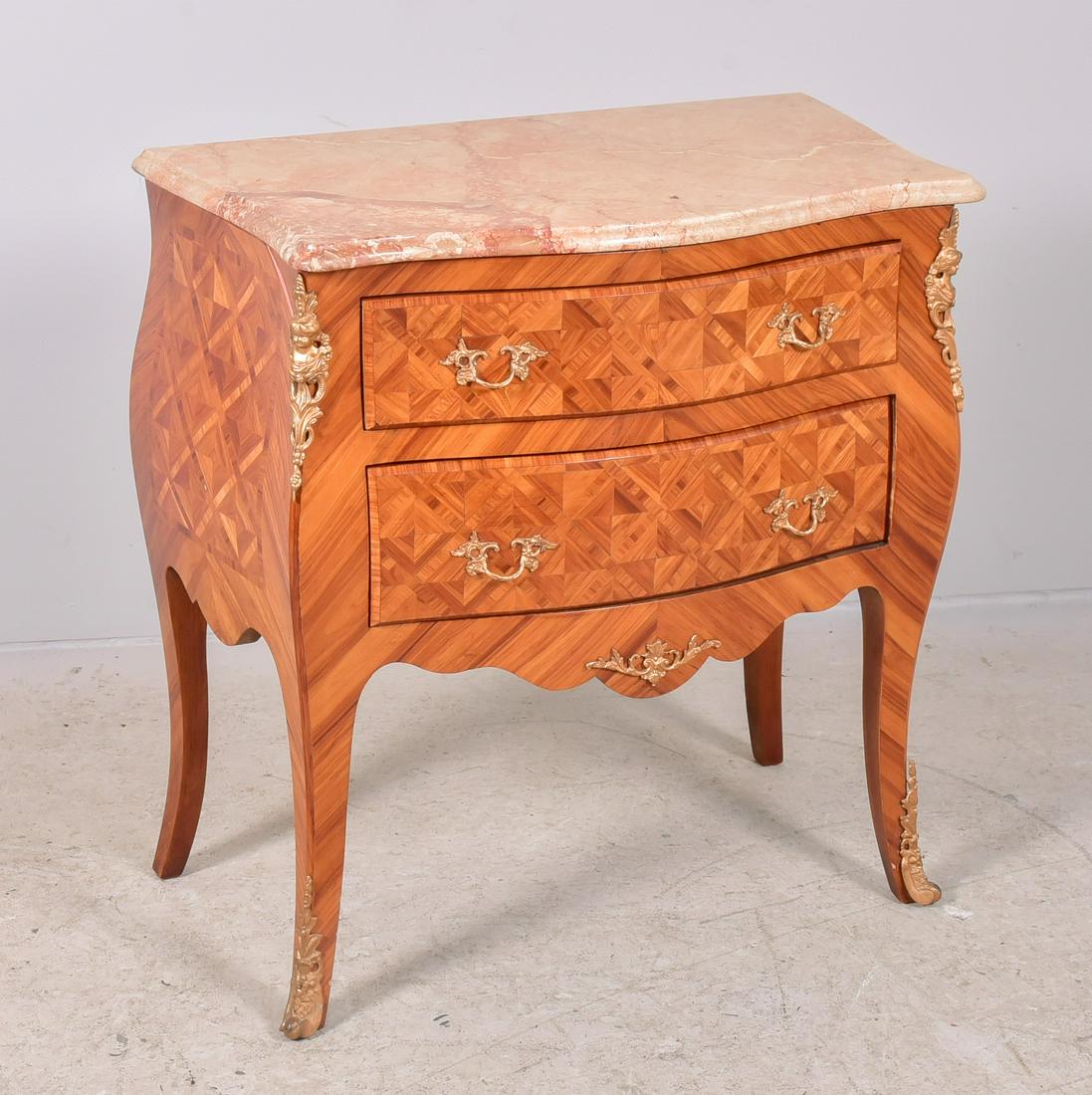 Louis XV Style Commode: Louis XV style parquetry inlaid and bronze mounted two drawer commode, 20th c., 29" w x 30" h x 16-1/2" d