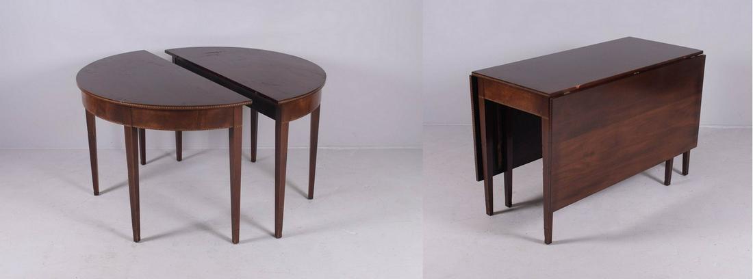 Hepplewhite style inlaid 3-pc banquet table: Hepplewhite style inlaid 3-pc banquet table, 30-1/2" h, drop leaves 22" w, side consoles 30-1/2" h x 47-1/2" w, wear and scratches