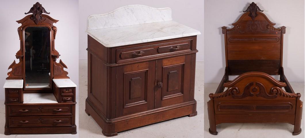 3-Piece Carved Walnut Marble Topped Bedroom Set: 3-piece carved walnut marble topped bedroom set, bed, drop center dresser, wash stand with backsplash, headboard 82-1/2" high, 33-1/2" wide washstand.