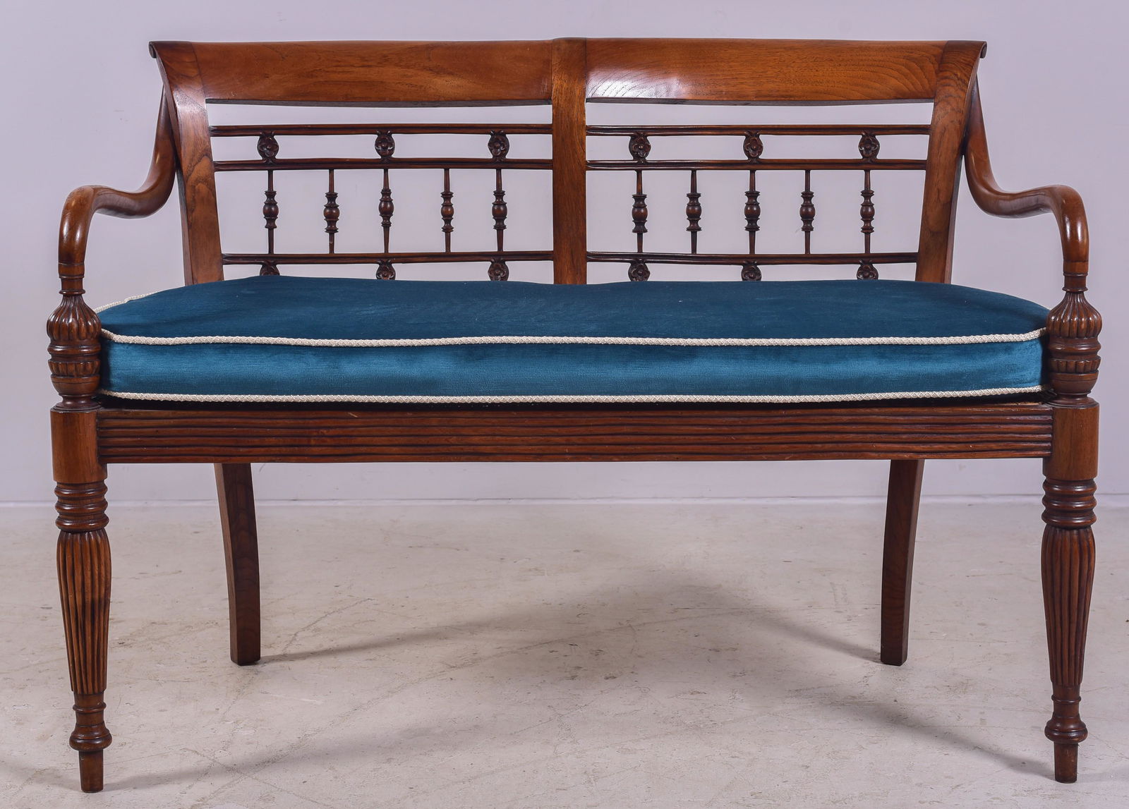 Carved and Turned Caned Seat Sheraton Settee: Carved and Turned Caned Seat Sheraton settee, double chair back with turned spindles, scrolled arms, reeded seat frame and front legs, with a fitted removable cushion, 19th c, 45" w, 34" h