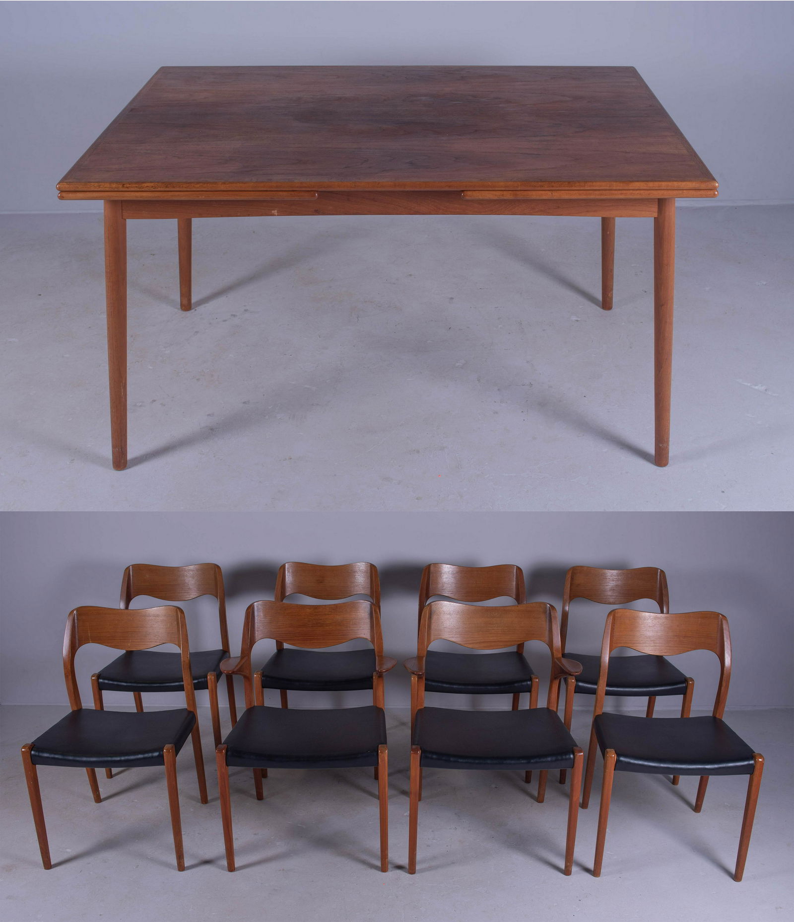 (9) pc Niels O Moller for JL Moller teak DRS: (9) pc Niels O Moller for JL Moller teak DRS, c/o 8 dining chairs with black upholstery, dining table with 2 pull out slide leaves, dining table 28-1/2" h x 55-1/2" w, two 21-1/2" leaves, table with s