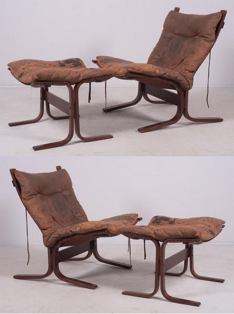 Pr Ingmar Anton Relling "Siesta" Chairs/Ottomans: Pr Ingmar Anton Relling for Westnofa "Siesta" Chairs and Ottomans, brown leather cushions, "Westnofa Furniture Made in Norway" sticker on underside, chair 32"h, seat height with cushion 18"h, wear and