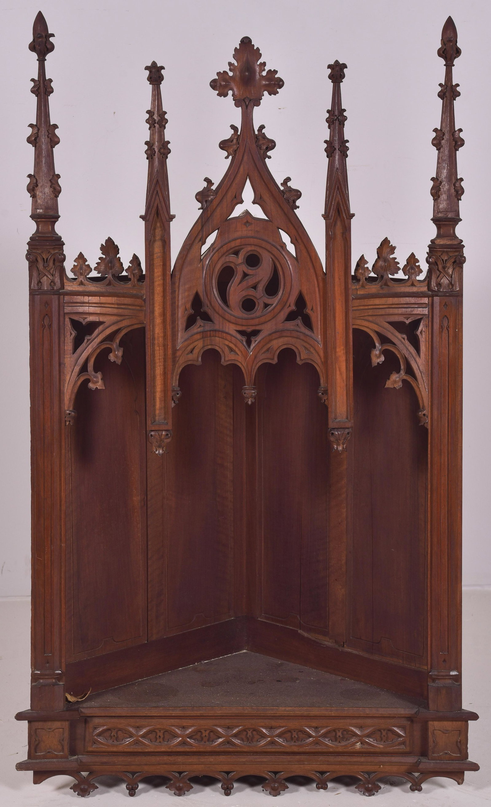 Carved Walnut Gothic Hanging Open Corner Cabinet: Carved Walnut Gothic Hanging Open Corner Cabinet, 52-1/2" high, " 32"across face