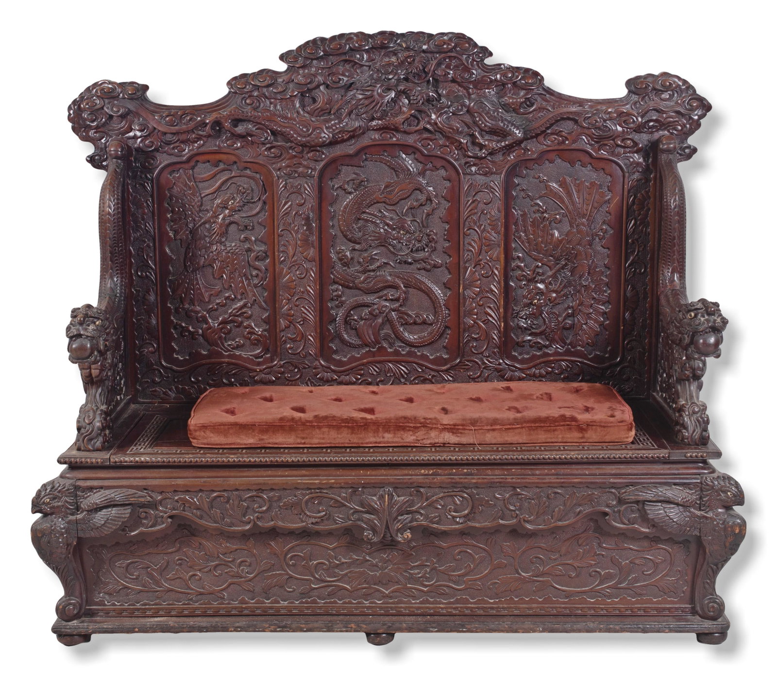 Dragon and Foliate Carved Asian Triple Back Settee: Dragon and Foliate Carved Asian Triple Back Settee, complex dragon design throughout back panels, crest , arms, and base, 55"h x 65"w x 25"d