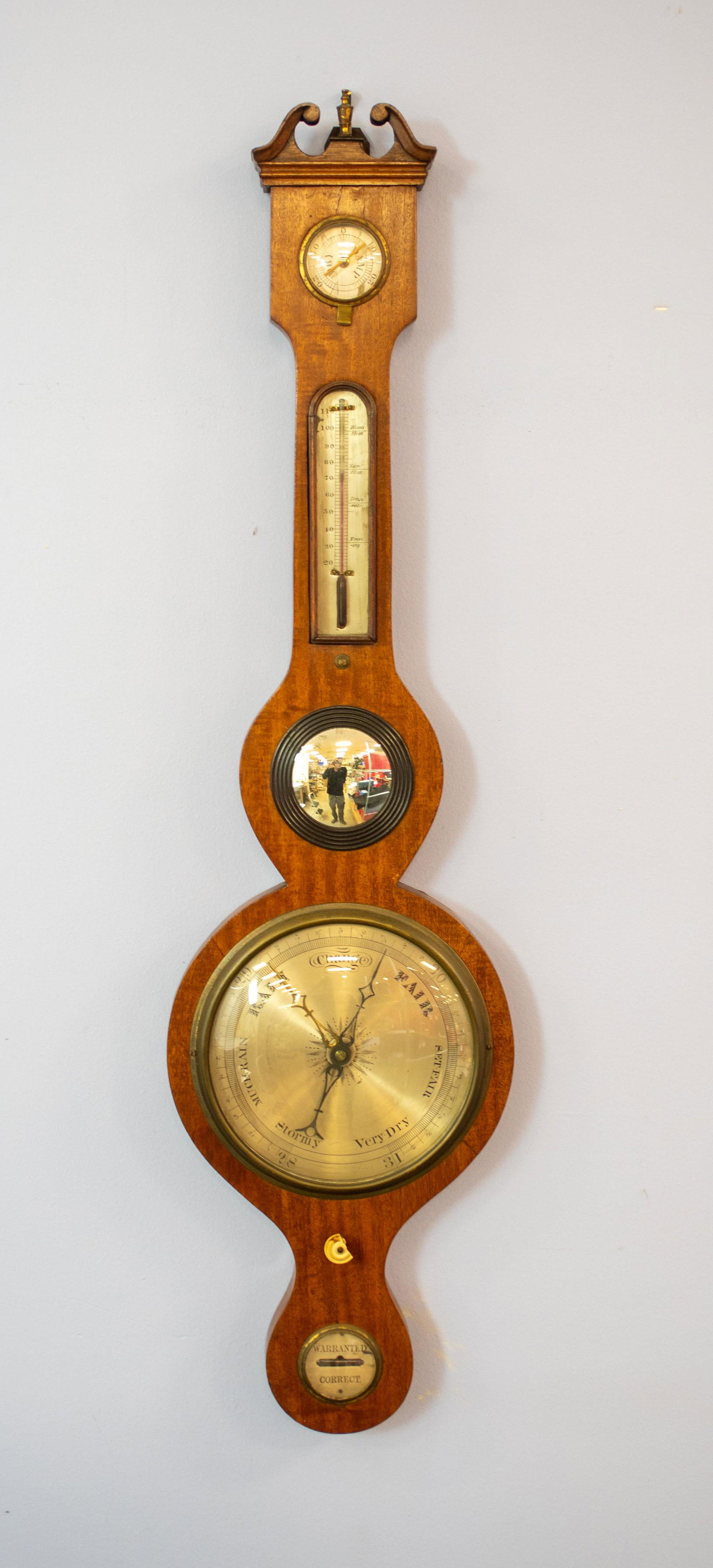 Mahogany Banjo Barometer,English c 1840-1860: Mahogany Banjo Barometer, Hygrometer Thermometer, convex mirror and barometer dial, unsigned, tubes are in good shape, 38"h, English c 1840-1860