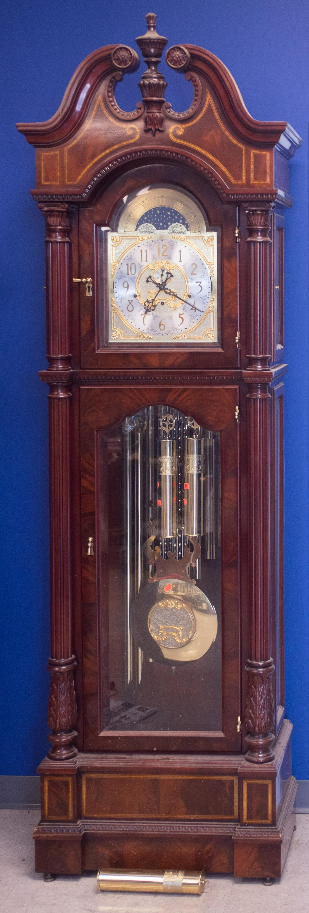 Charles Sligh Georgian Style Tube Chiming Hall Clock: Charles Sligh Georgian Style Mahogany Tubular Chiming Hall Clock, LE 226/1000, c 201, striking on 9 tubes, with original ownership certificate, 96" h, 27" wide, Yes it does run, brass sleeve of 1 weig