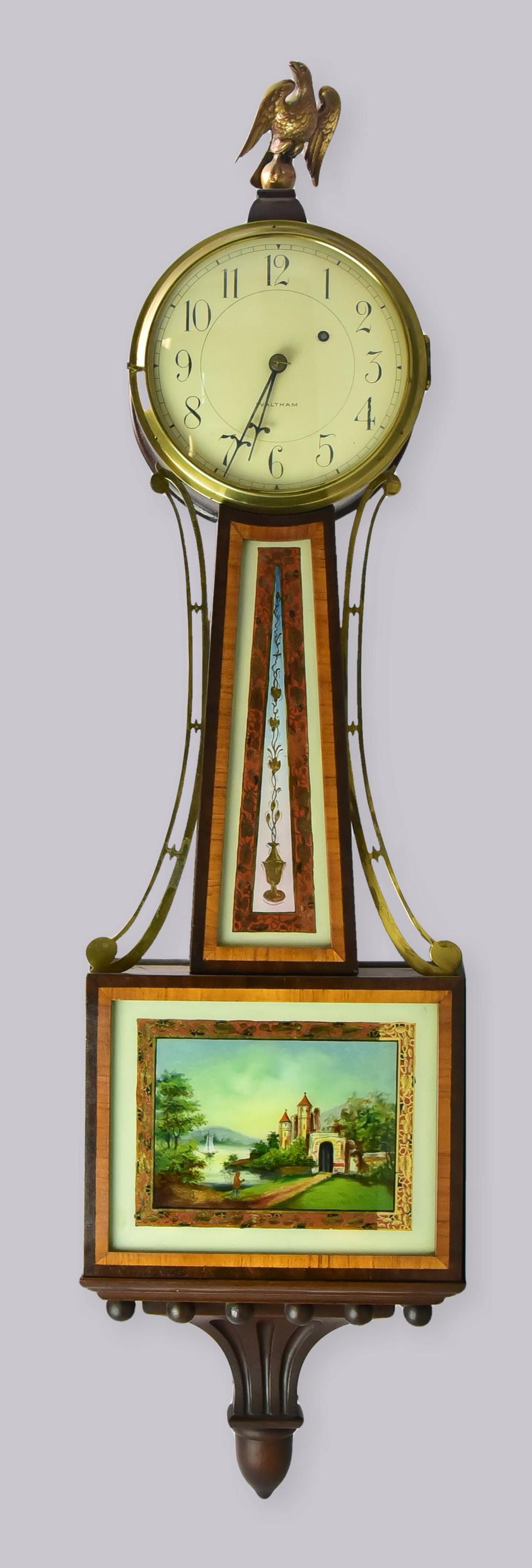 Waltham 1546 Weight Driven Willard Banjo Clock: Waltham 1546 Weight Driven Willard Banjo Clock, English Manor tablet in lower door, made c 1906-1938, 40 1/2" high to top of eagle finial