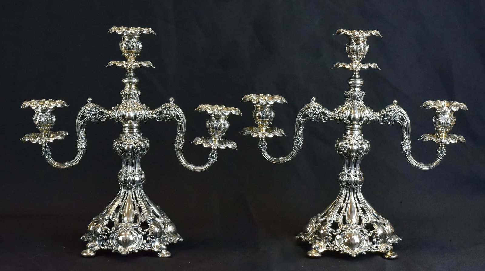 Pr Reed & Barton Plated 3 Branch Candelabra, "Ren: Pr Reed & Barton Plated 3 Branch Candelabra, "Renaissance " Pattern, #800, 16 1/4" h, 16 1/4" w, exc condition