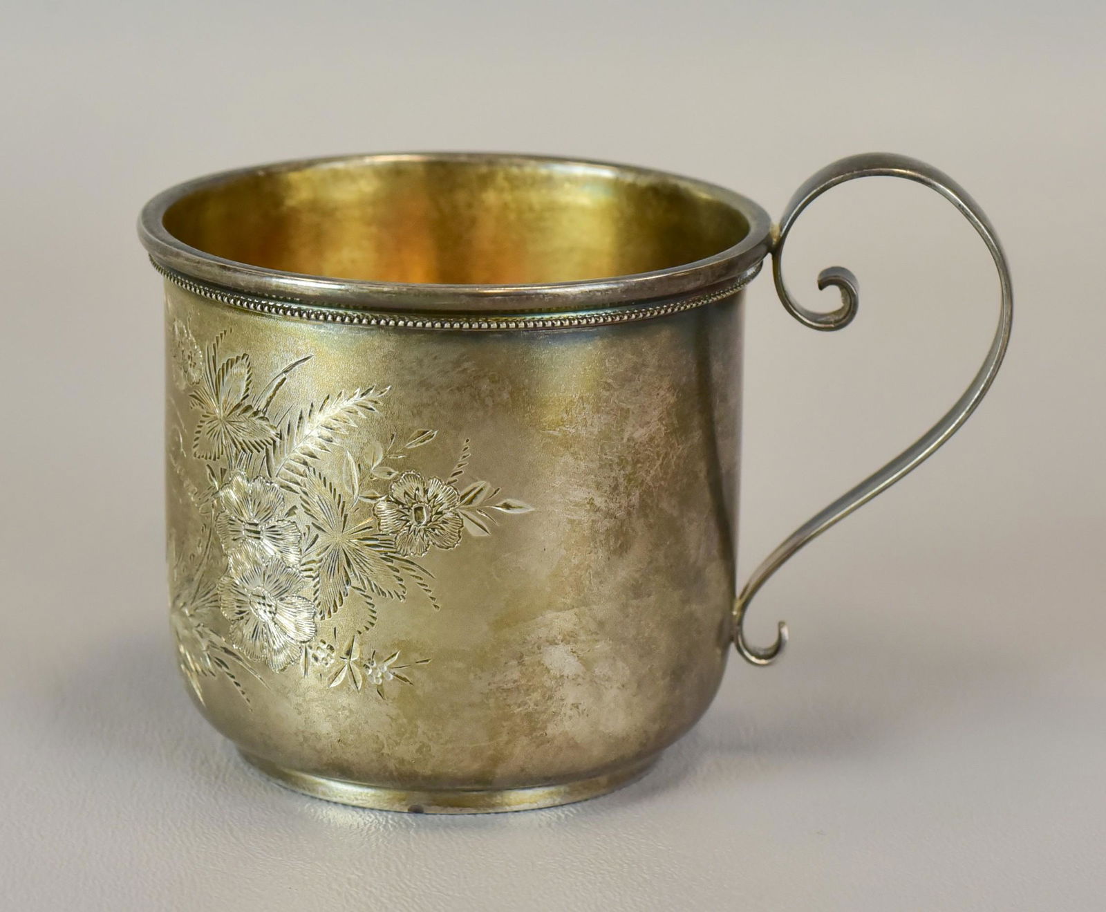 Coin Silver Child's Mug, John Wanamaker DuVall, f: Coin Silver Child's Mug, John Wanamaker DuVall, foliate engraving, 3.2 TO, mid 19th c, 2 1/2" h, 2 7/8" d