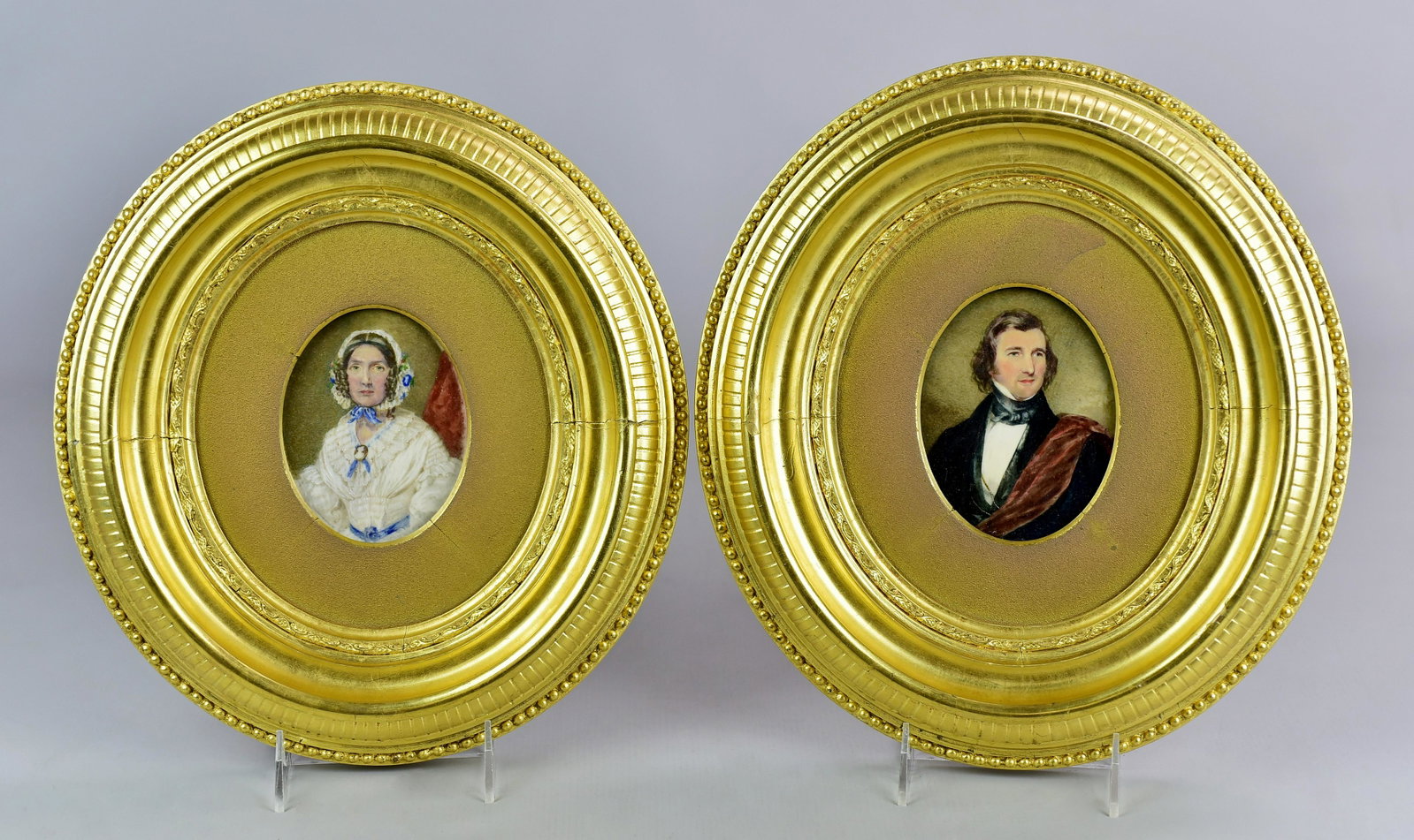 PR George Lethbridge Saunders Portrait Miniatures: PR George Lethbridge Saunders (English, 1807-1863) Pair of portrait watercolor miniatures of Dr. and Mrs. John Kearsley Mitchell. One frame with printed paper label for " wholesale and retail Looking 