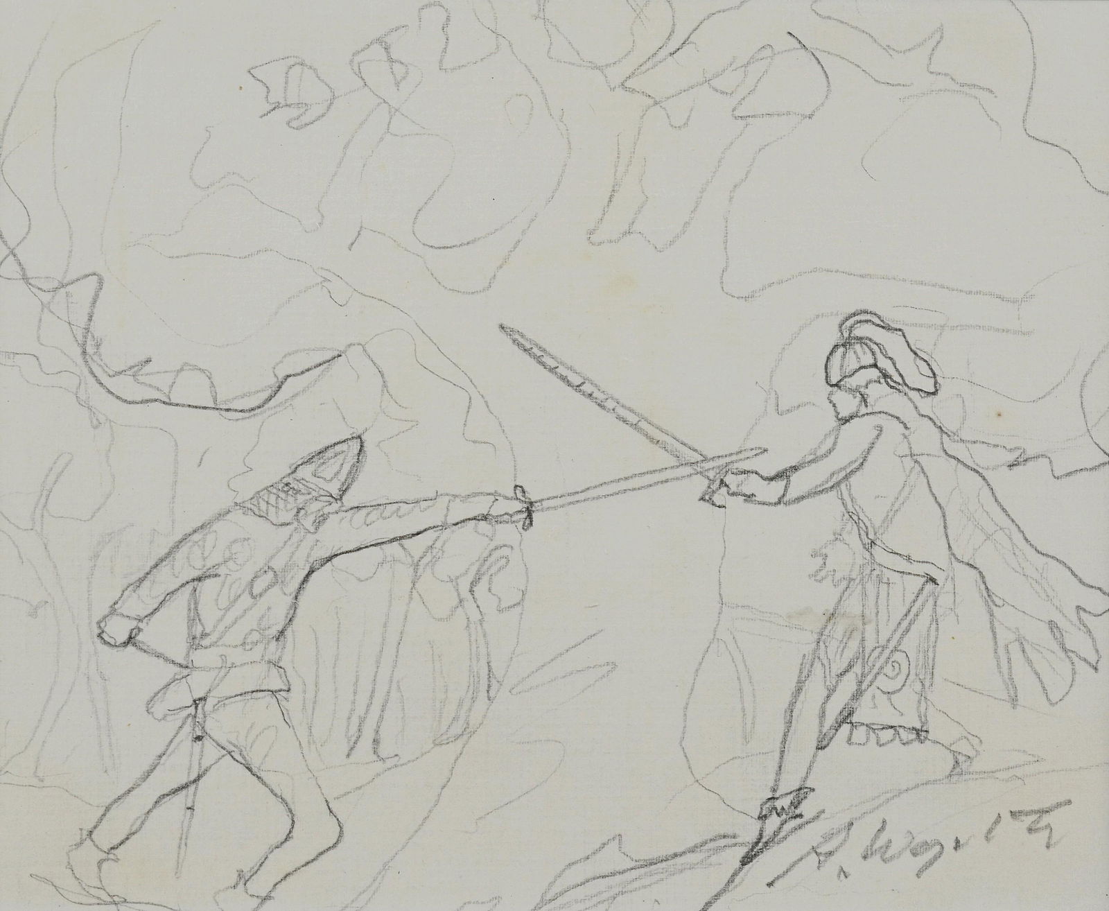 Andrew Wyeth, American, 1917-2009, pencil drawing: Andrew Wyeth, American, 1917-2009, pencil drawing, Midieval Swordsmen, 4" x 4 3/4". With a COA dated 10/10/06 signed A. Wyeth, provenance Lee Conklin, Discount Picture Framing and Gallery, Claymont DE