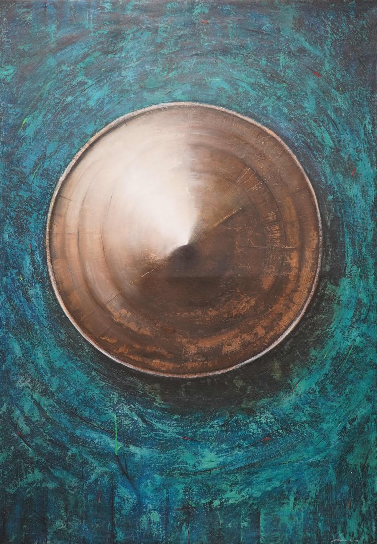 I Made Sukadana Large Format Painting: I Made Sukadana (Balinese, b 1973) large format painting depicting an aerial view of coolie hat surrounded by blue water and colorful fish, oil on canvas, signed "Sukadana, Bali 1996", 70-1/4" x 49-1/