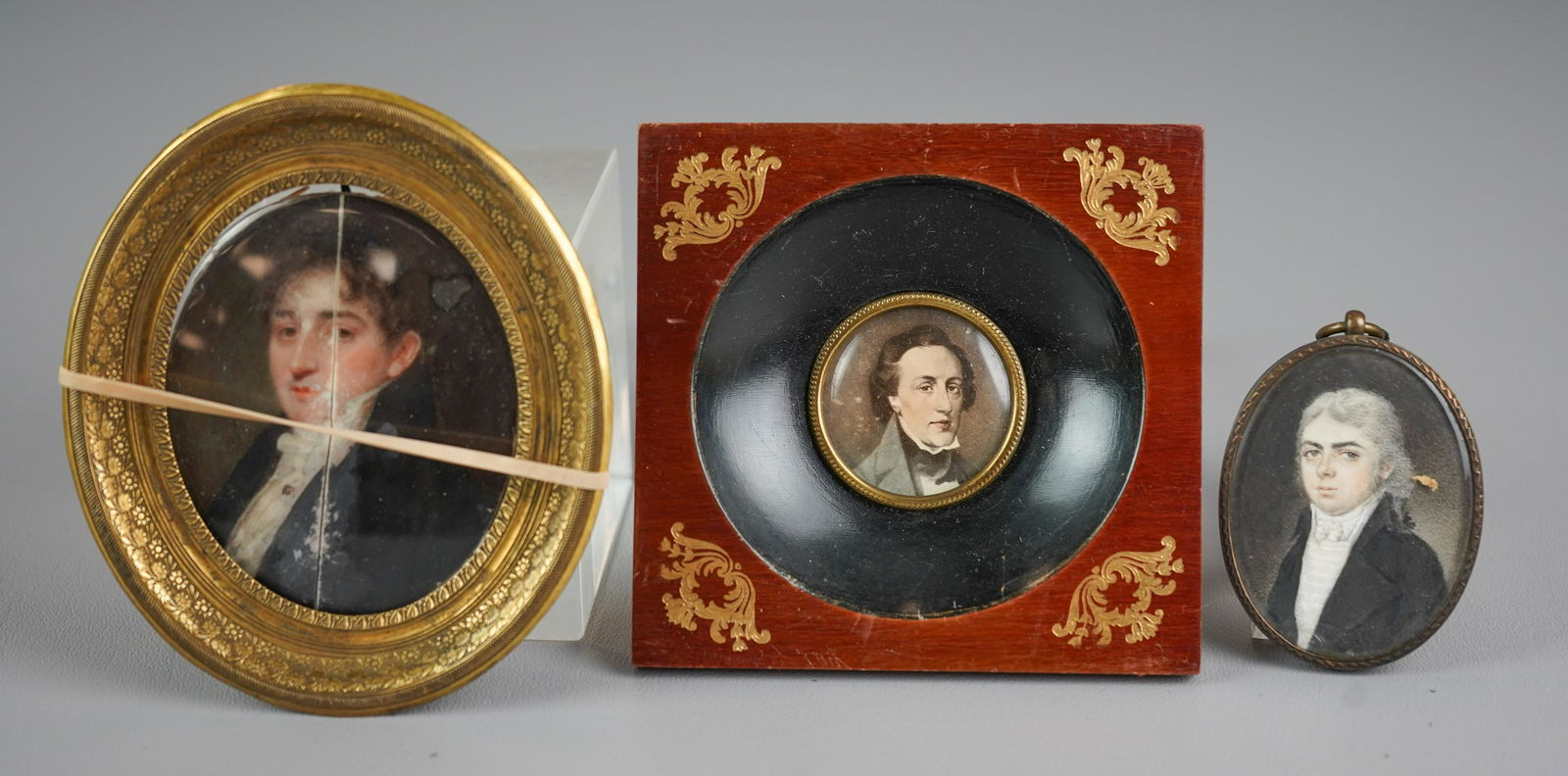 (3) Miniature Portraits of Nobles: (3) Miniature portraits of nobles including Richard Collins (British, 1755-1831), signed and inscribed on back "R Collins pint. Principal Enamel Miniature Painting to the King by His Majesty's Special