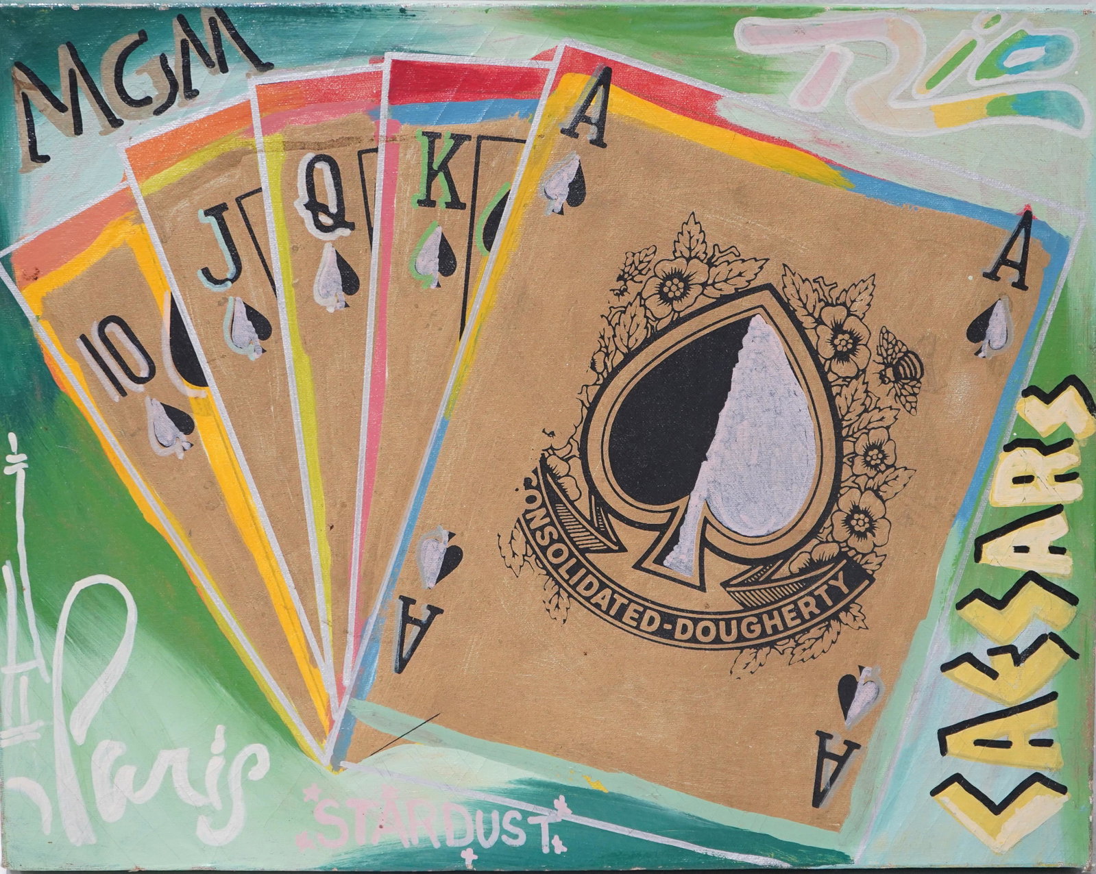 Steve Kaufman Pop Art "Royal Flush": Steve Kaufman (American, 1960-2010), protege of Andy Warhol, Pop Art "Royal Flush", silkscreen & mixed media on canvas, signed "SAK", edition 15/25, 15" x 19", fair condition, wear on edges and age cr