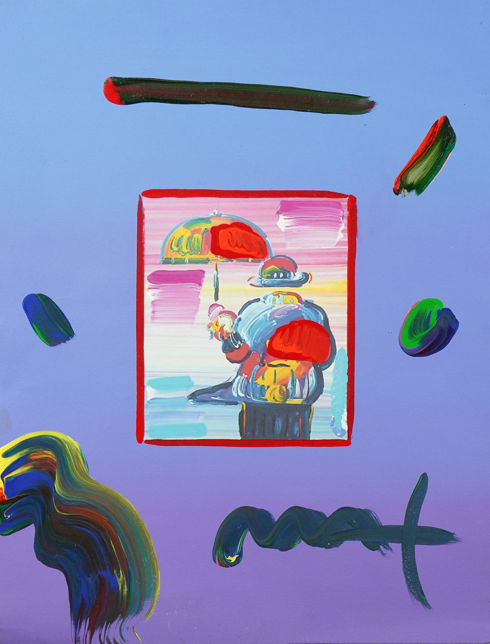 Peter Max Mixed Media "Umbrella Man": Peter Max (American, b 1937) mixed media "Umbrella Man", lithograph with hand painting by the artist, hand signed "Max", image size 6" x 5", sheet size 16" x 12", very good condition